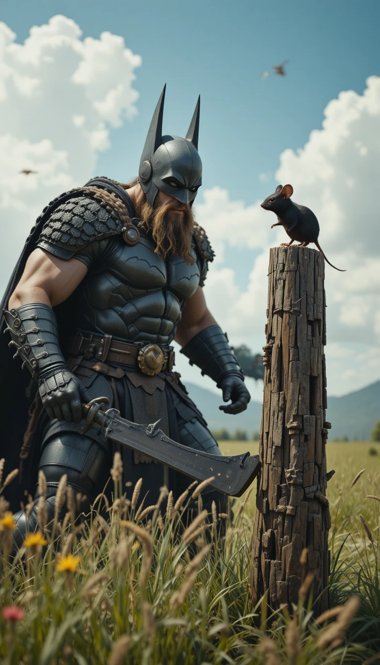 Armored viking warrior battling a caped hero on grass