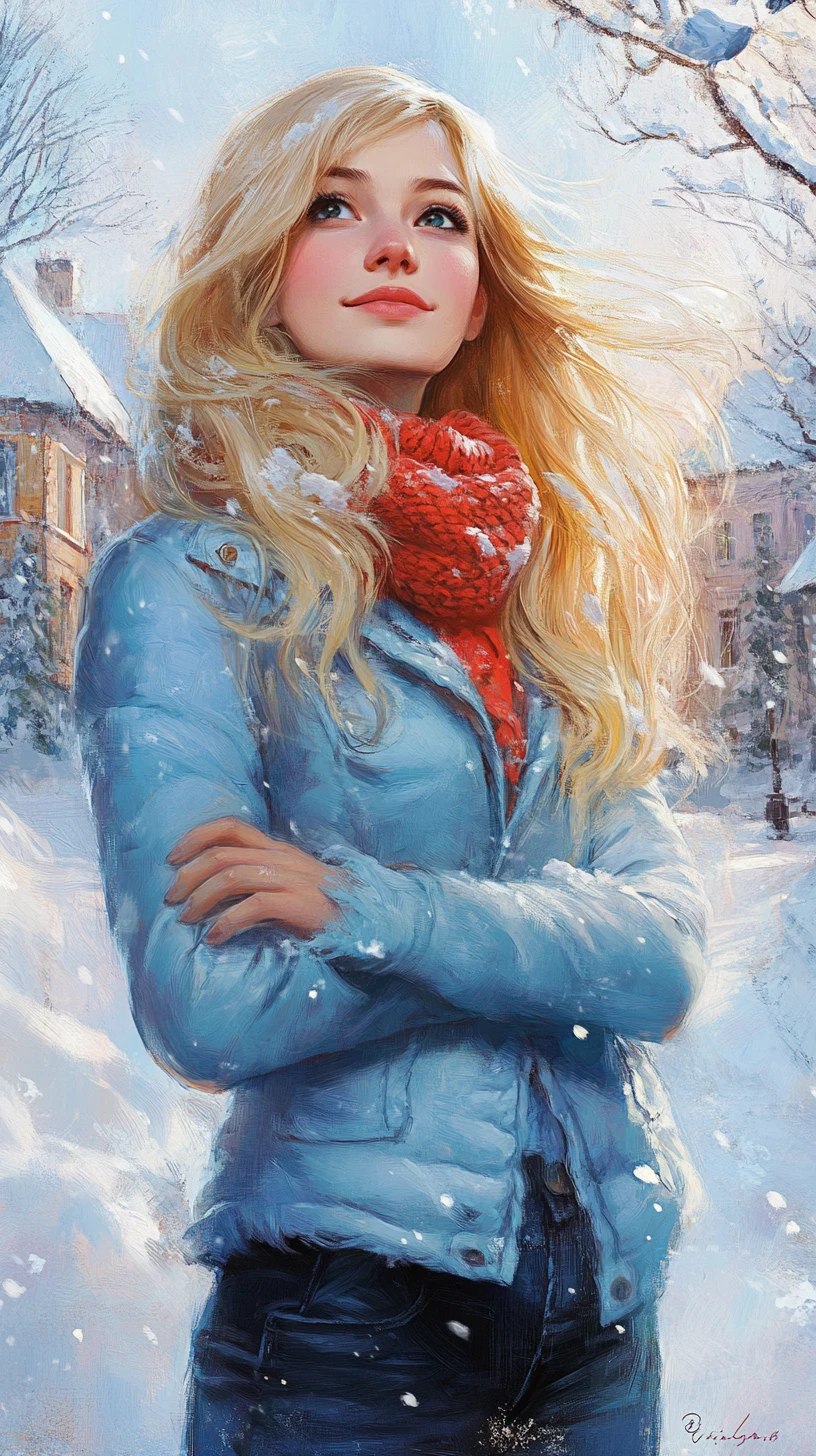 Smiling girl in blue coat in a snowy rustic village