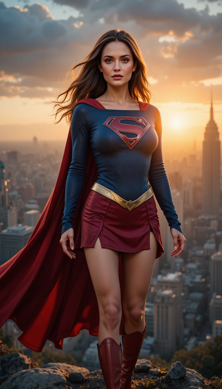 Heroische Frau im Supersuit über der Stadt bei Sonnenuntergang