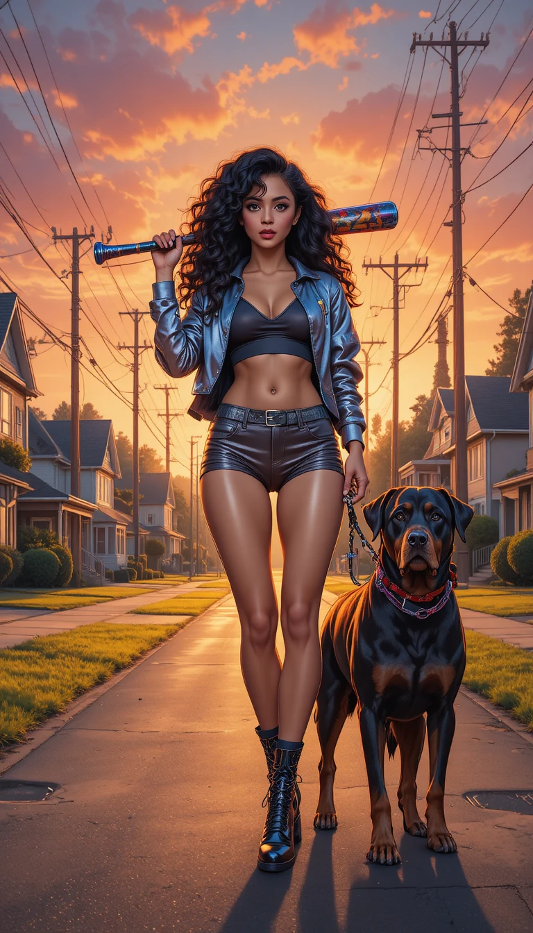 Mulher confiante com cachorro em rua suburbana ao pôr do sol