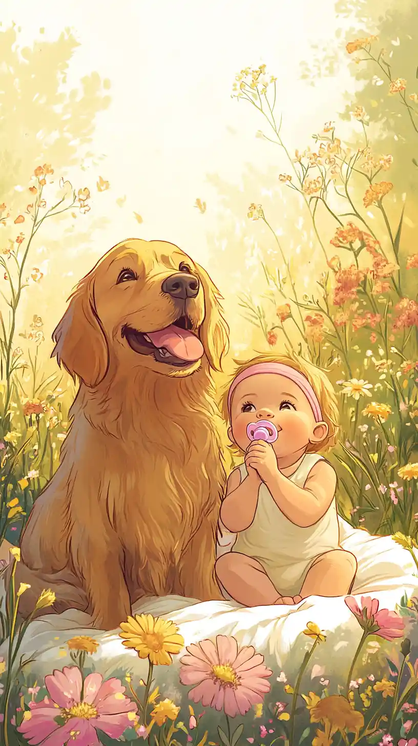 Bebê e filhote de golden retriever em um campo de flores em tons pastéis