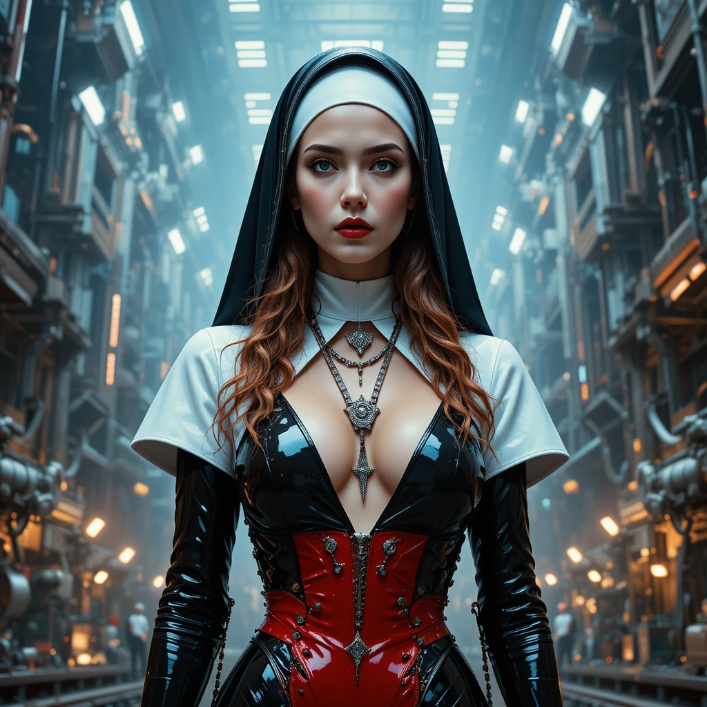 Freira cyberpunk de látex diante de colossal maquinário orbital