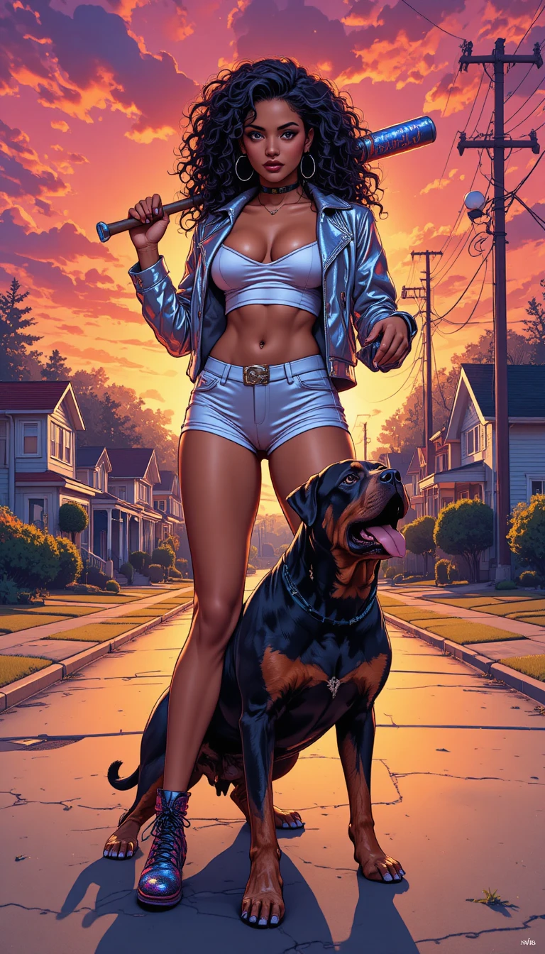 Heroína urbana com rottweiler em uma rua ao pôr do sol