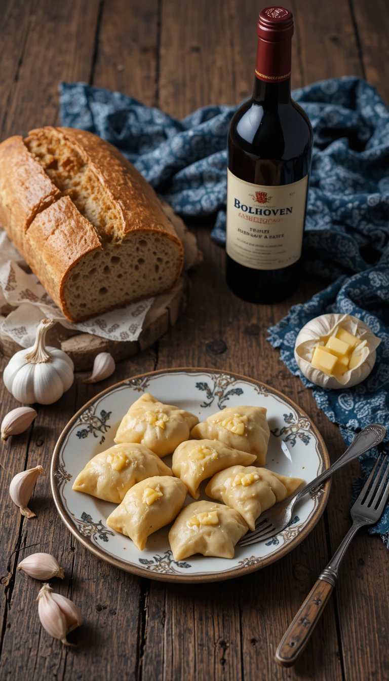 Nature morte rustique avec pain, vin et pierogis sur la table