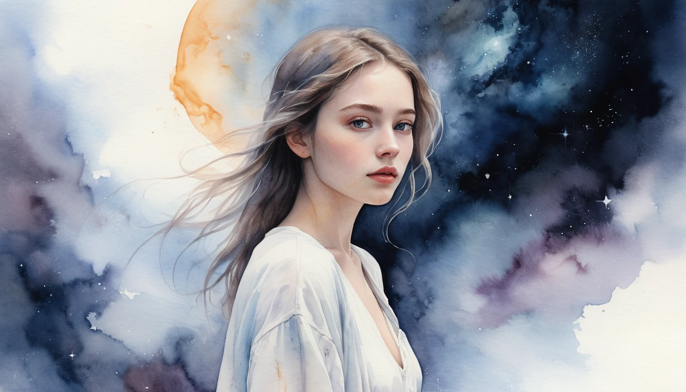 Young woman dissolving into light within a cosmic nebula