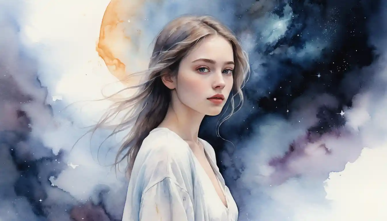 Young woman dissolving into light within a cosmic nebula