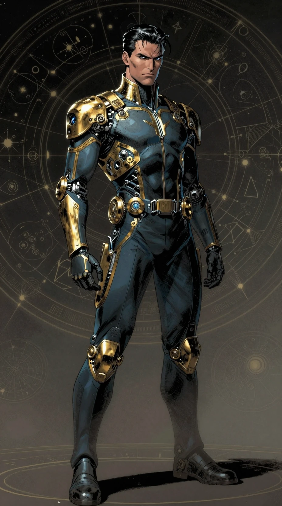 Homem retrofuturista sombrio em uniforme ornamentado com mapas astrais