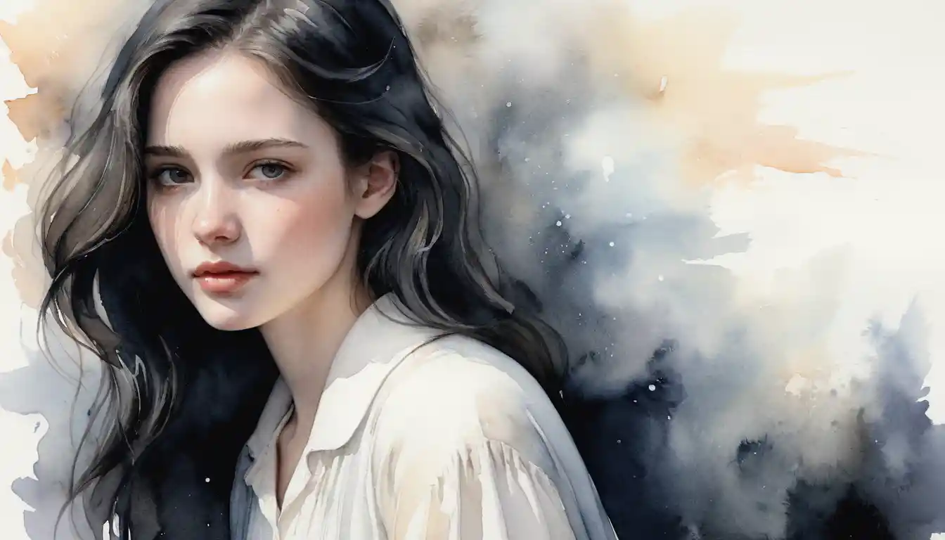 Ethereal watercolor girl dissolving into cosmic darkness