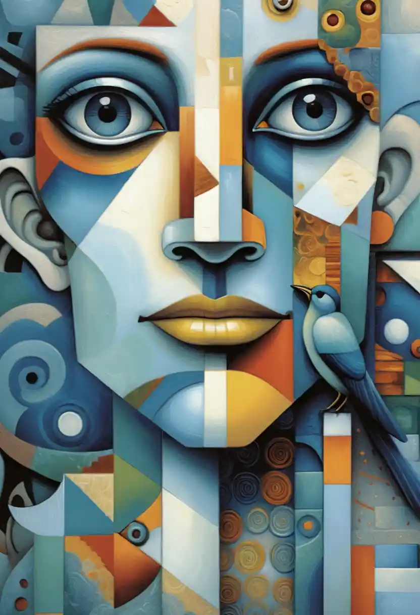 Cubist surreal portrait of an androgynous fragmented face