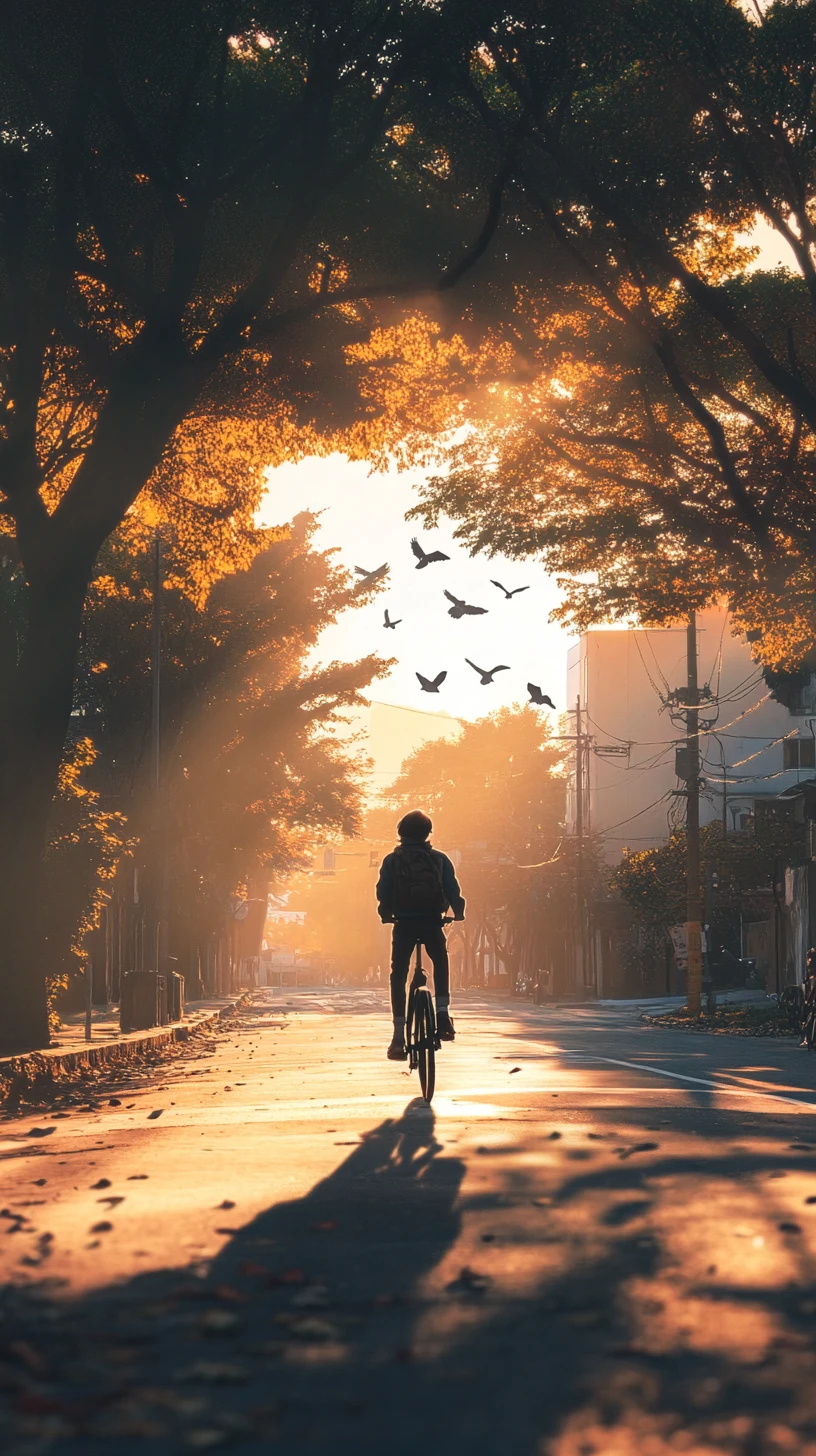 Adolescent à vélo seul dans une rue de la ville au petit matin