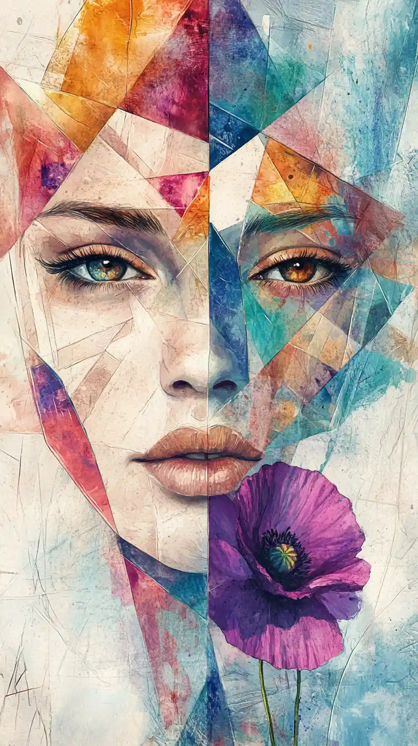 Serene mixed media portrait with geometric cubist fragments