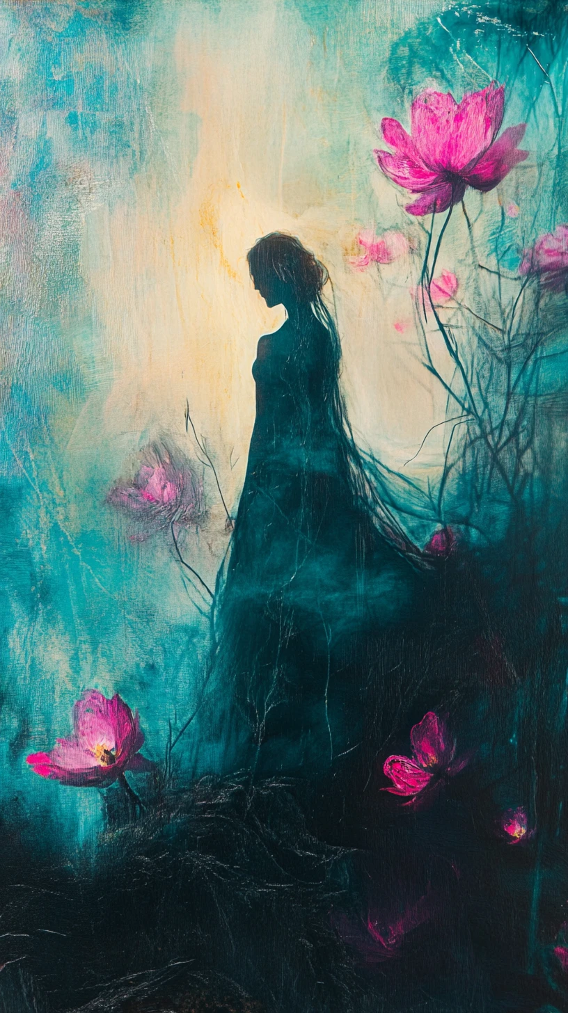 Ethereal woman in magenta blossoms reaching for glowing flower
