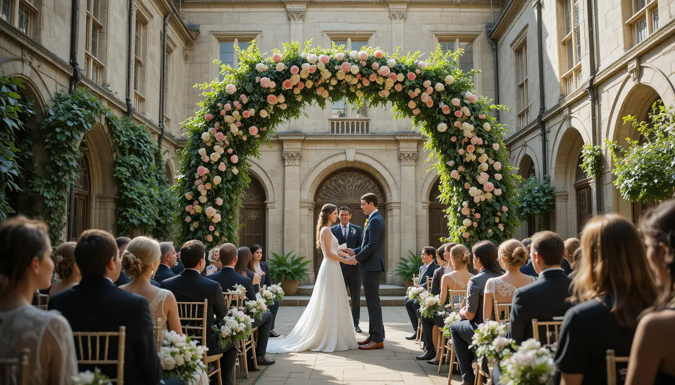 Cerimônia de casamento romântica no pátio de um castelo
