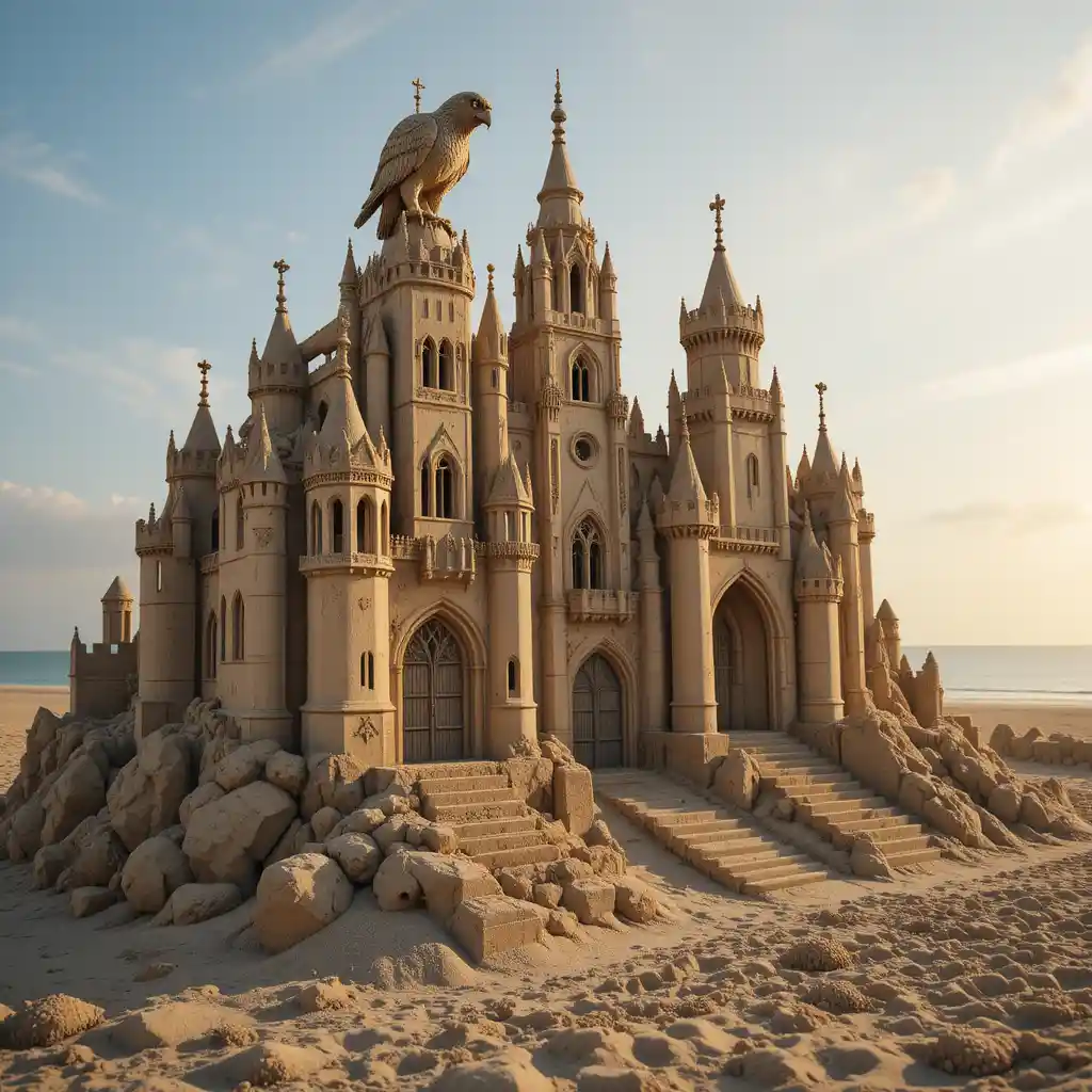 Gotische Sandskulptur einer Burg bei Sonnenuntergang an einem ruhigen Strand