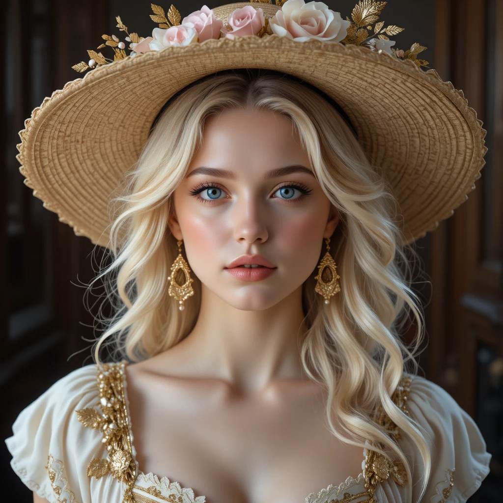 Ritratto di giovane ragazza bionda con cappello di paglia floreale
