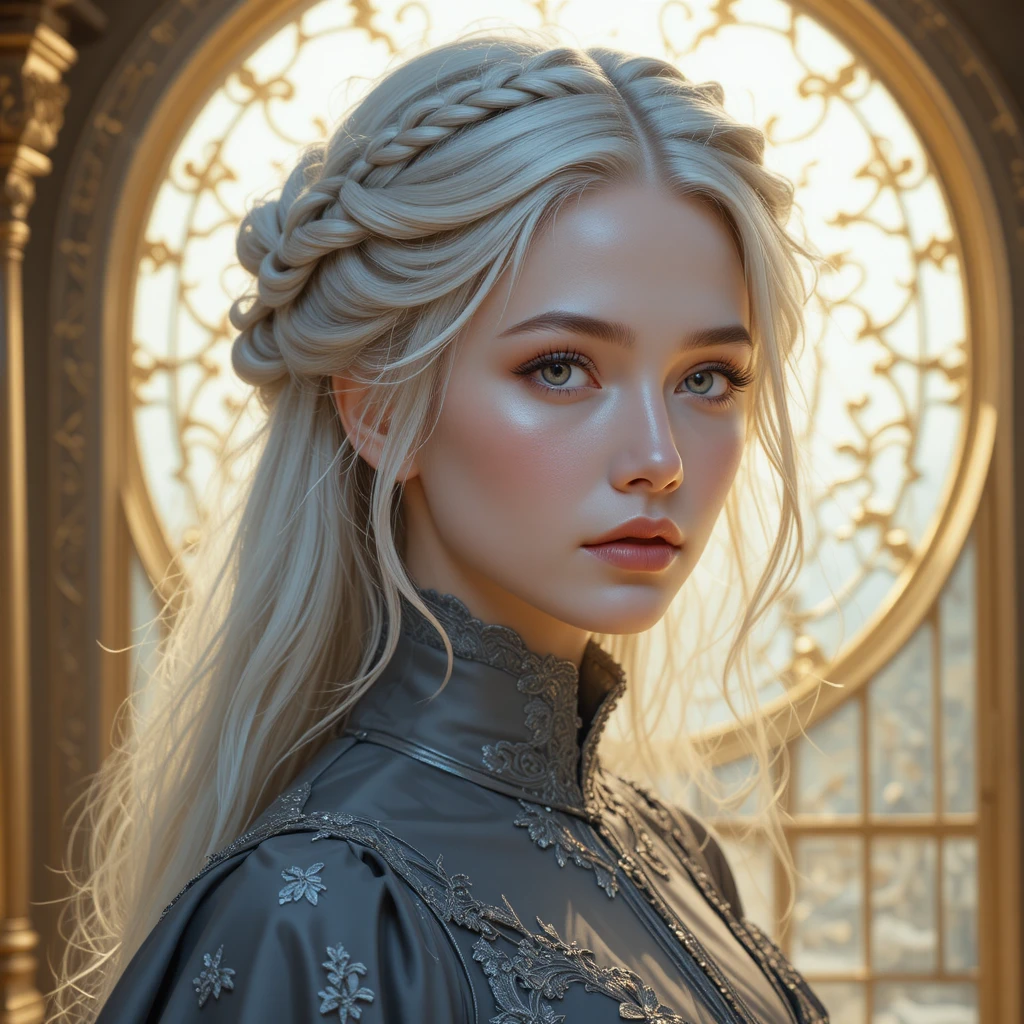 Fantasy-Porträt eines silberhaarigen Mädchens im viktorianischen Kleid