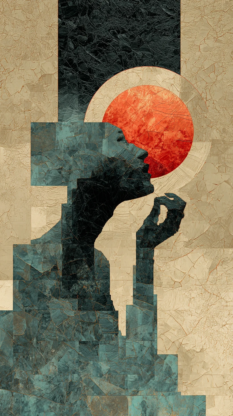 Abstract geometric face on split dark and beige background