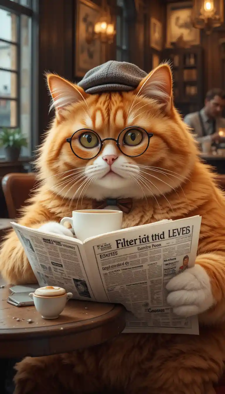 Gato laranja cavalheiro tomando café em um café aconchegante