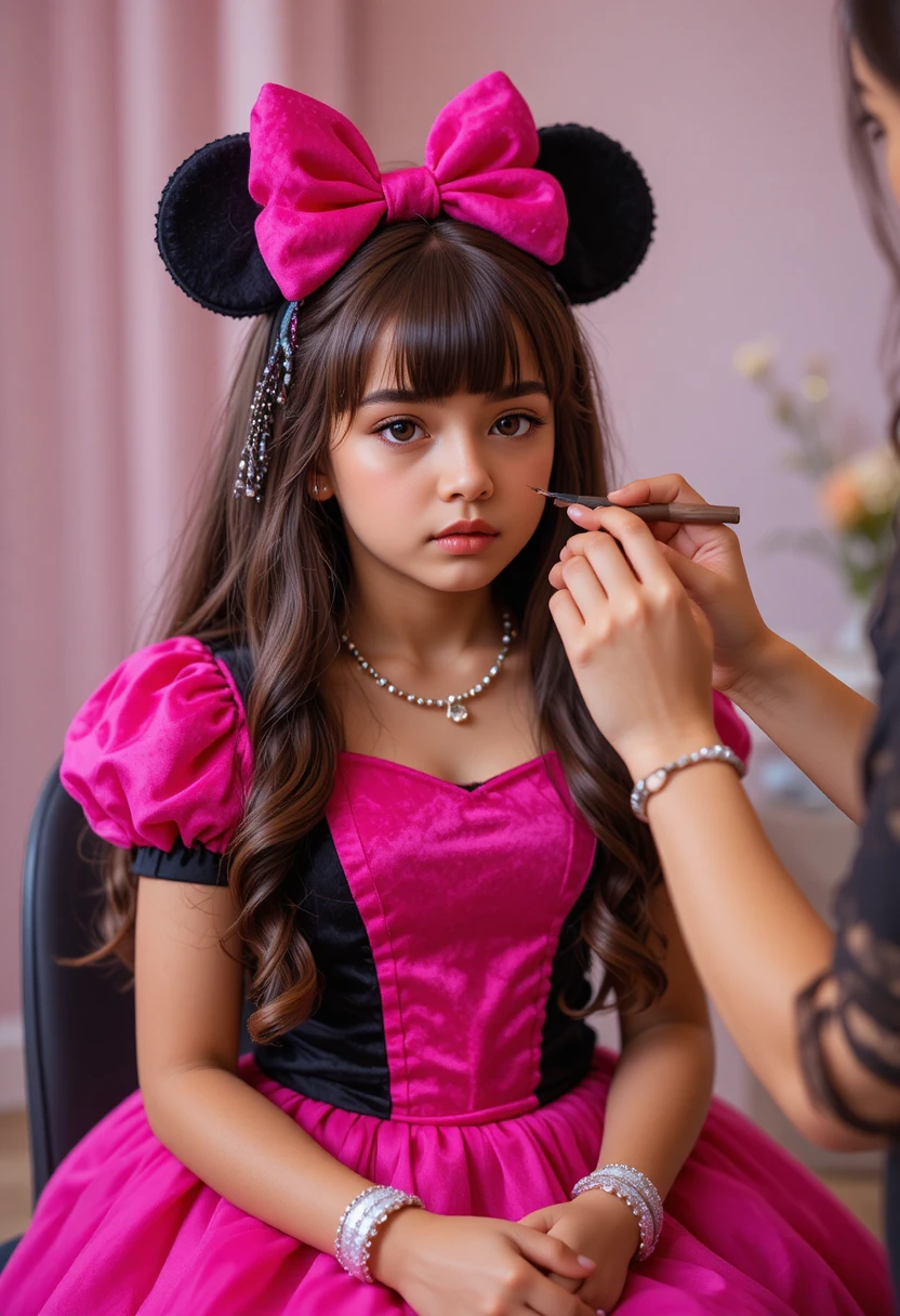 ピンクのドレスを着た少年が不安そうにメイクをされている