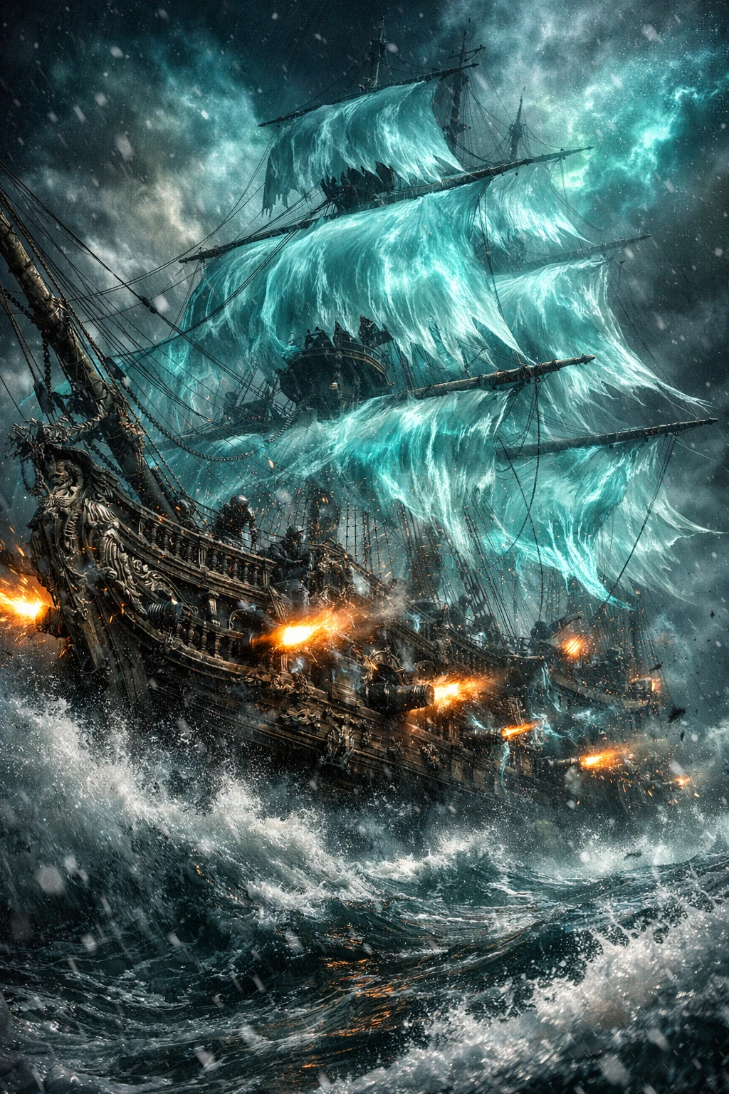 Navio pirata fantasma enfrentando ondas em um mar cósmico tempestuoso