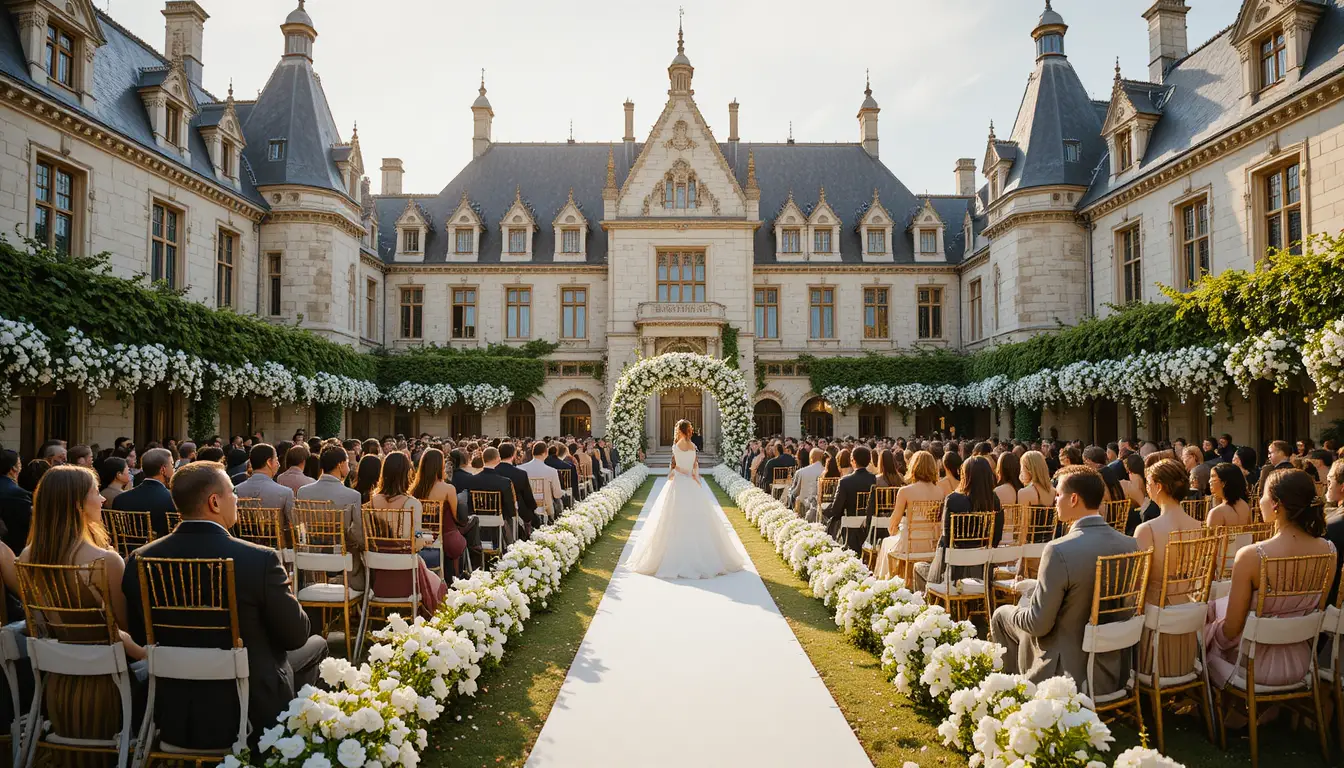 Elegante Hochzeitszeremonie im Innenhof eines Loire-Schlosses