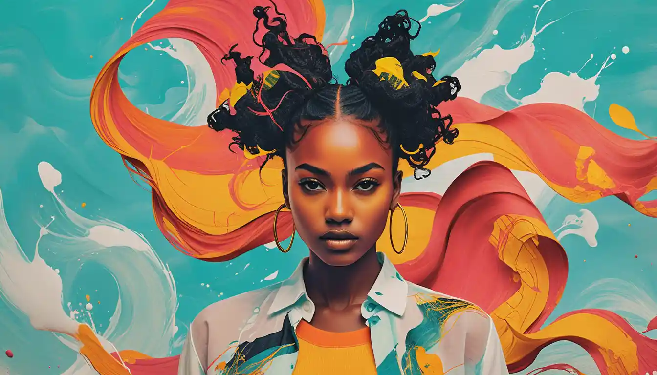 Surreal portrait of a young black woman with landscape hair