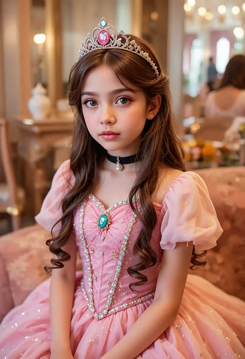 Niño con vestido de princesa en un tocador de Disneyland