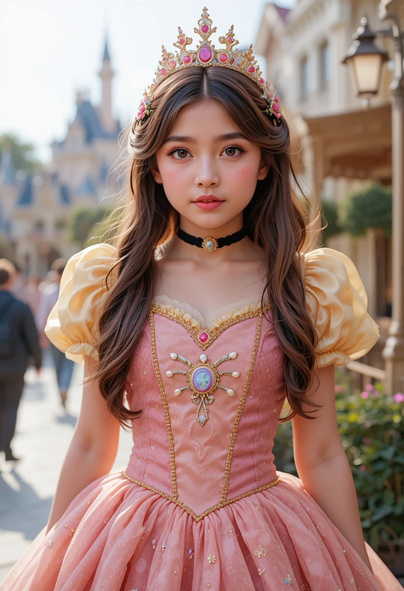 Tween boy in princess dress at a sunny theme park