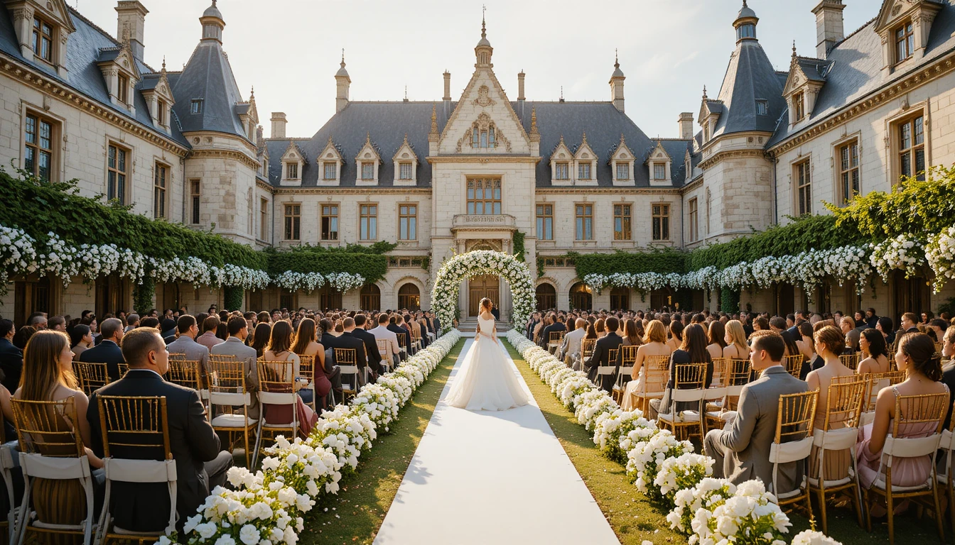 Élégante cérémonie de mariage dans la cour d’un château de la vallée de la Loire