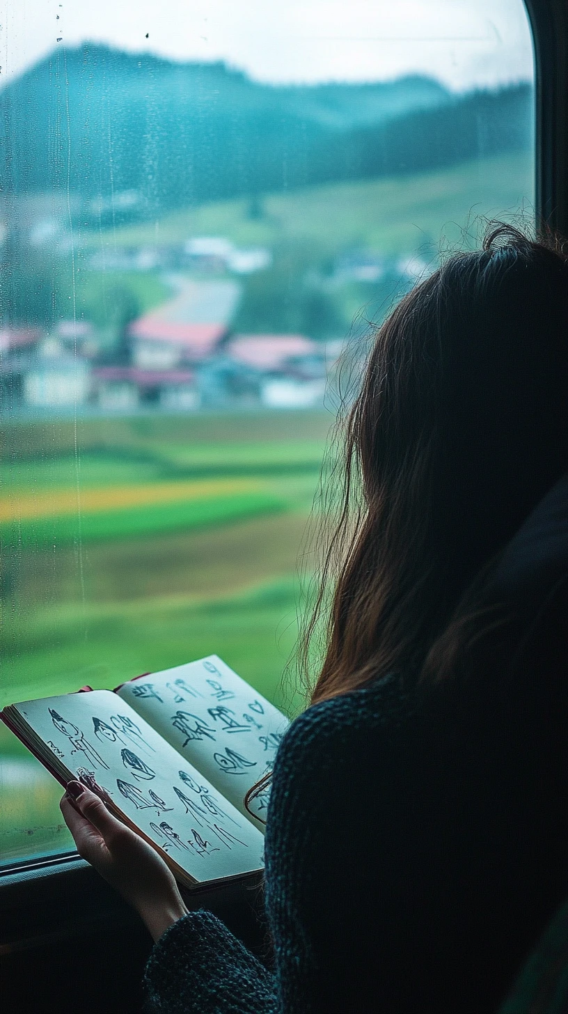 Girl leaning on train window watching the passing landscape