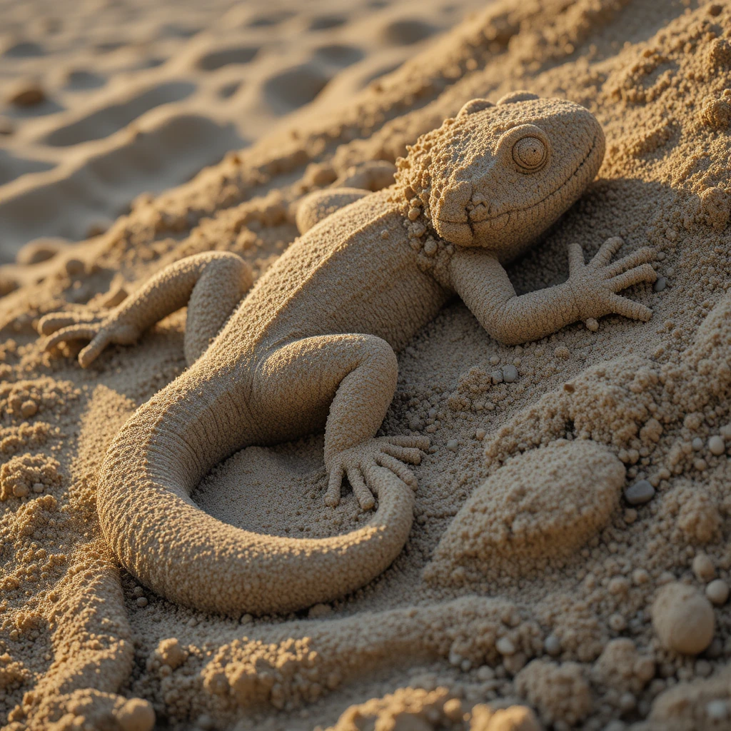 Detailed sand sculpture of a lizard on golden beach