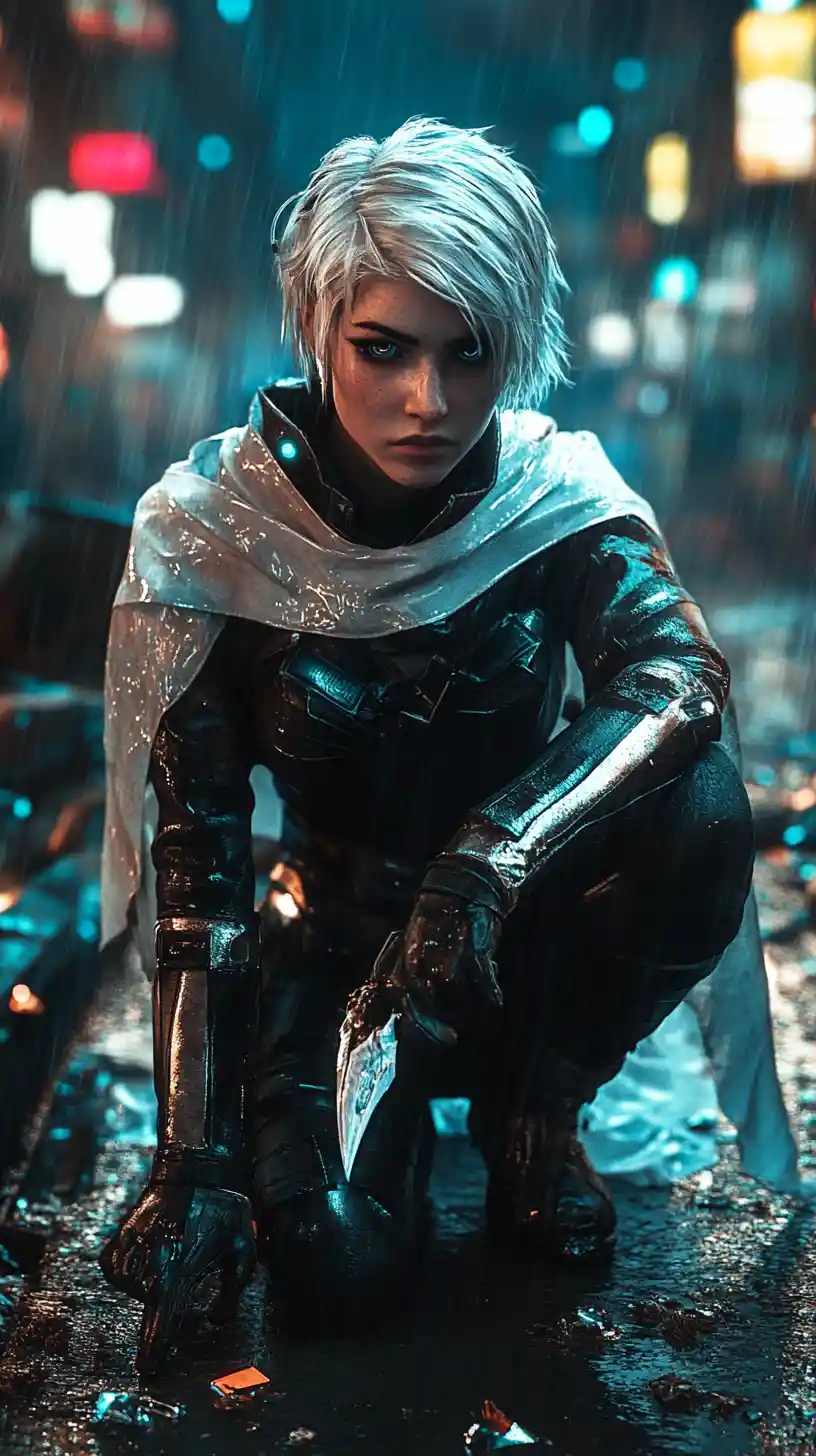 Cinematic portrait of a weary futuristic rogue in the rain