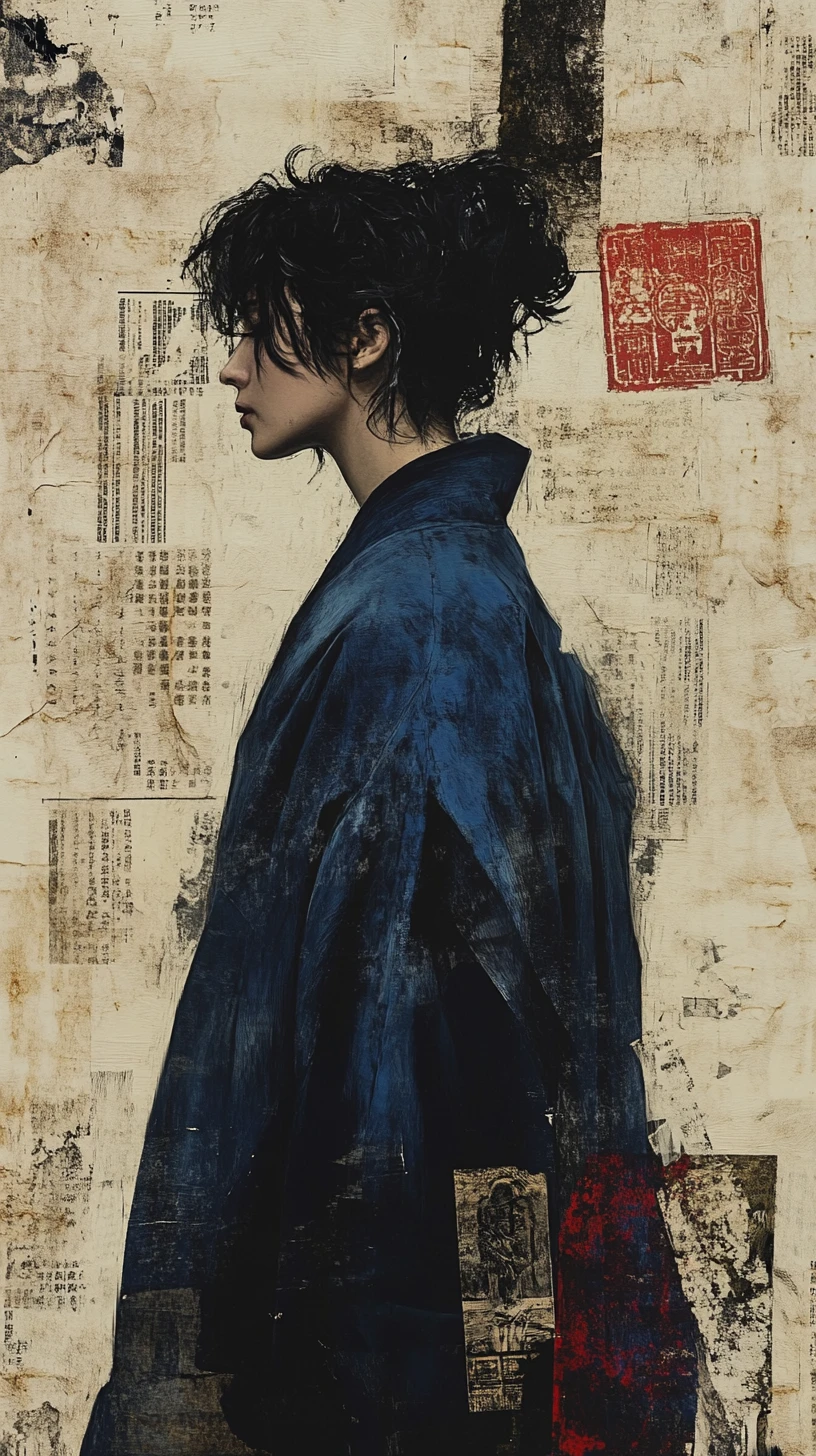 Profile portrait of a girl in a deep blue robe collage