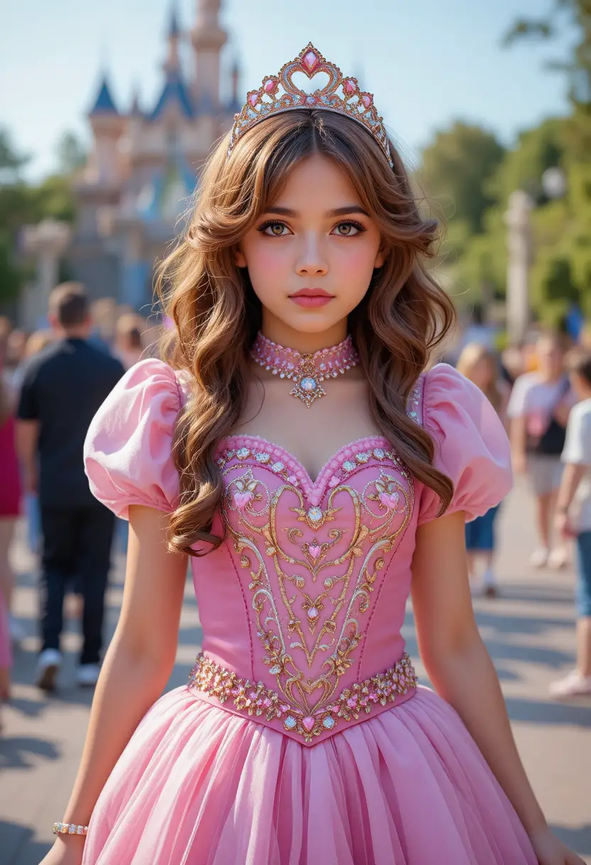 Tween boy in princess dress at a theme park