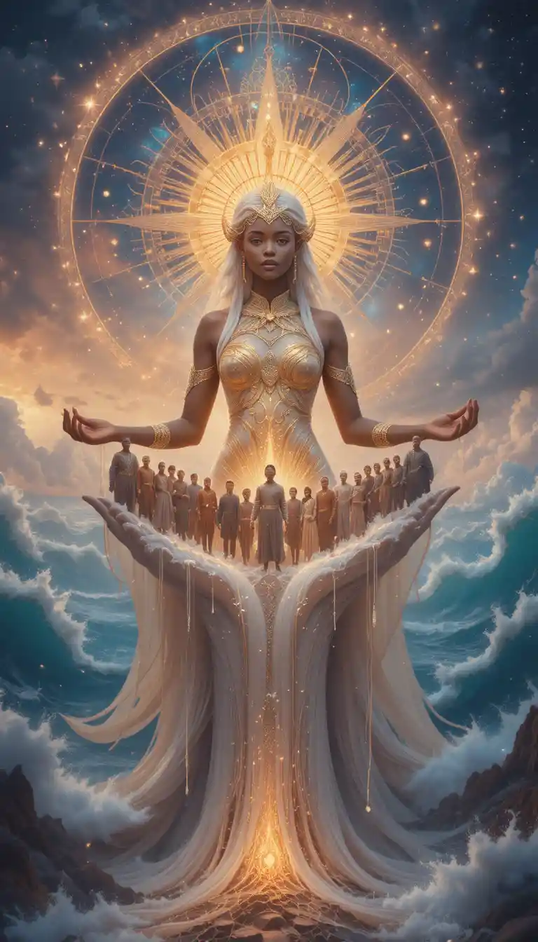 Déesse afrofuturiste berçant des personnes diverses dans des eaux cosmiques