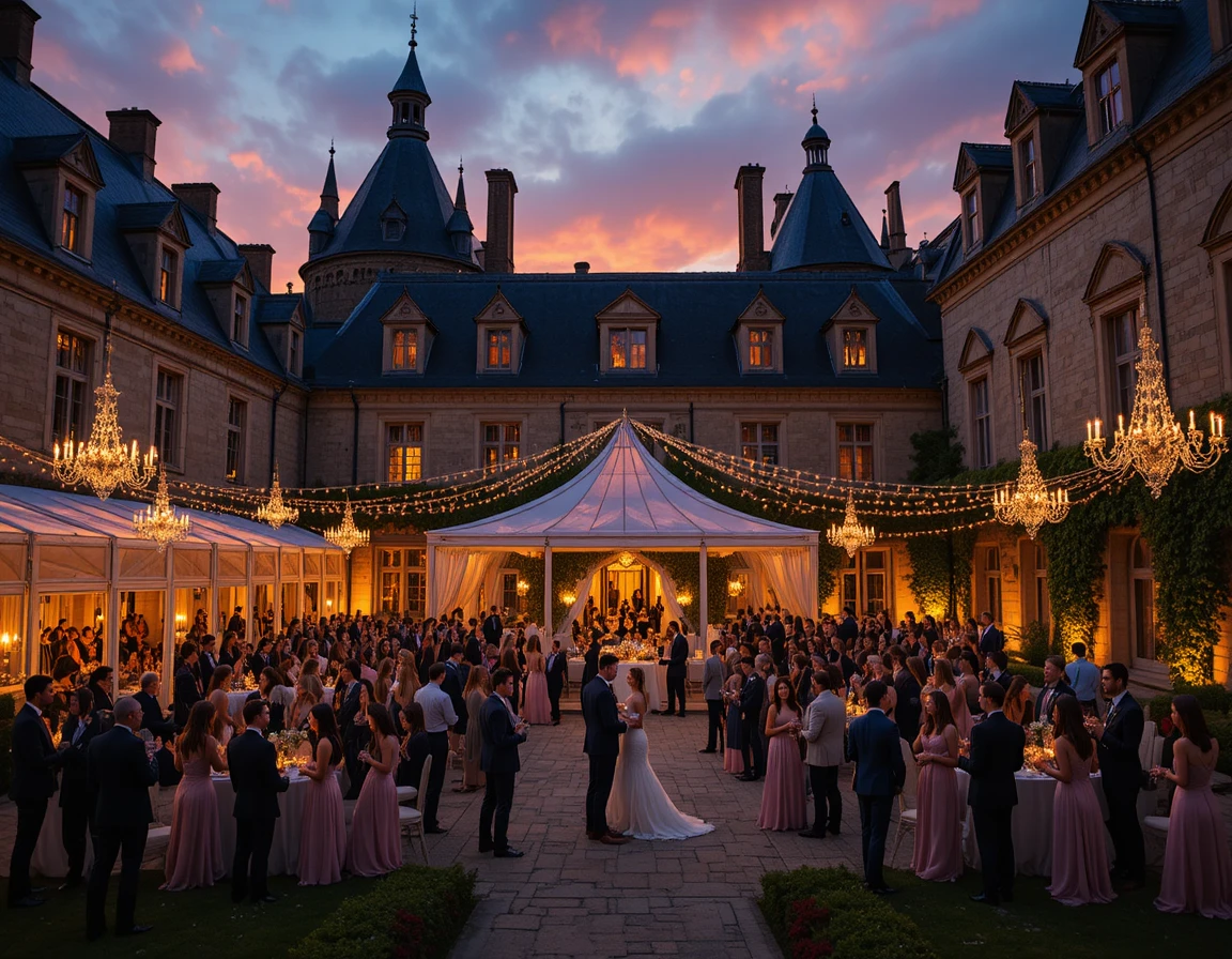 Recepção de casamento ao pôr do sol no pátio de um castelo francês
