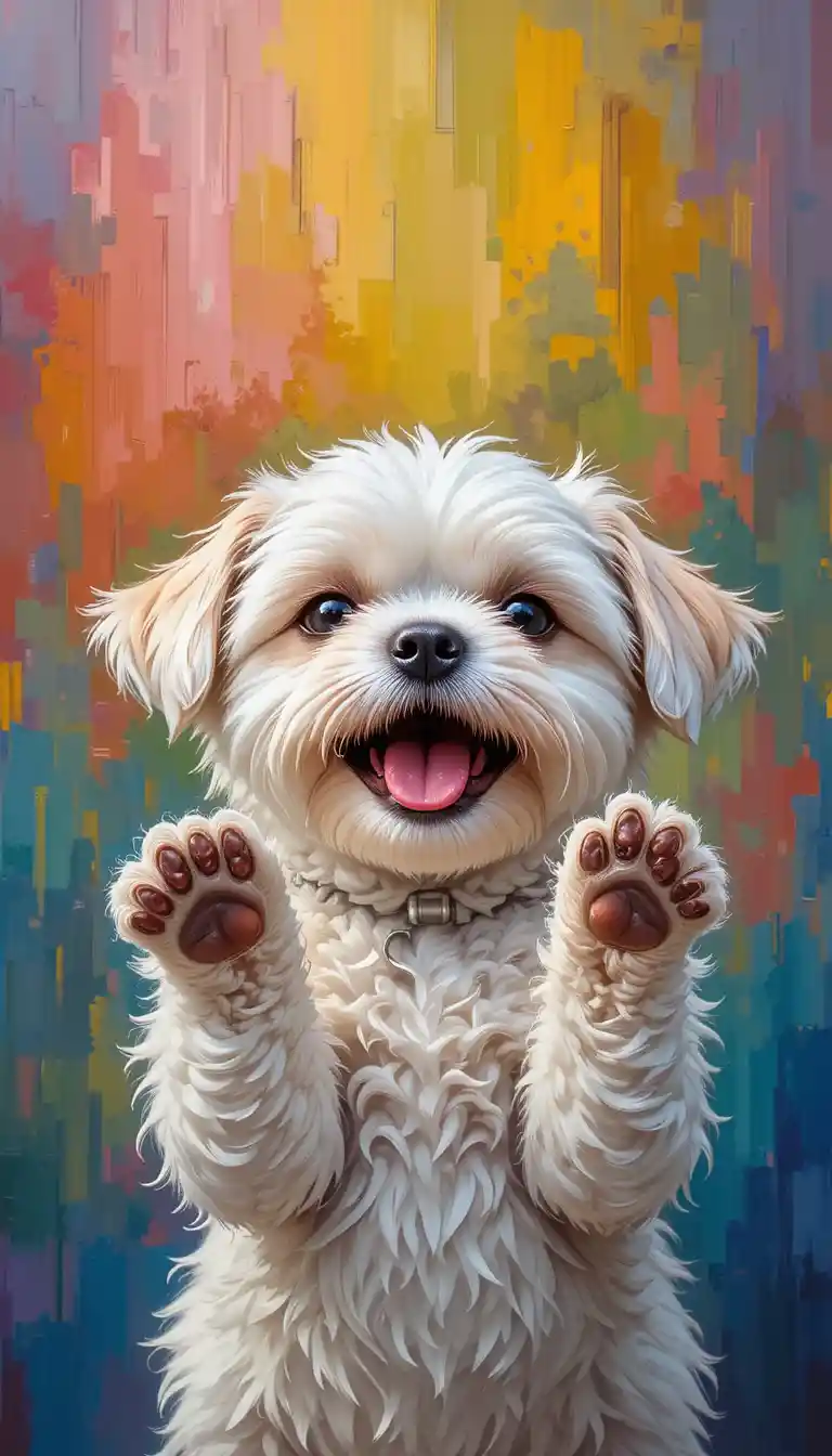 Filhote de shih tzu branco fofo com as patinhas levantadas e sorrindo