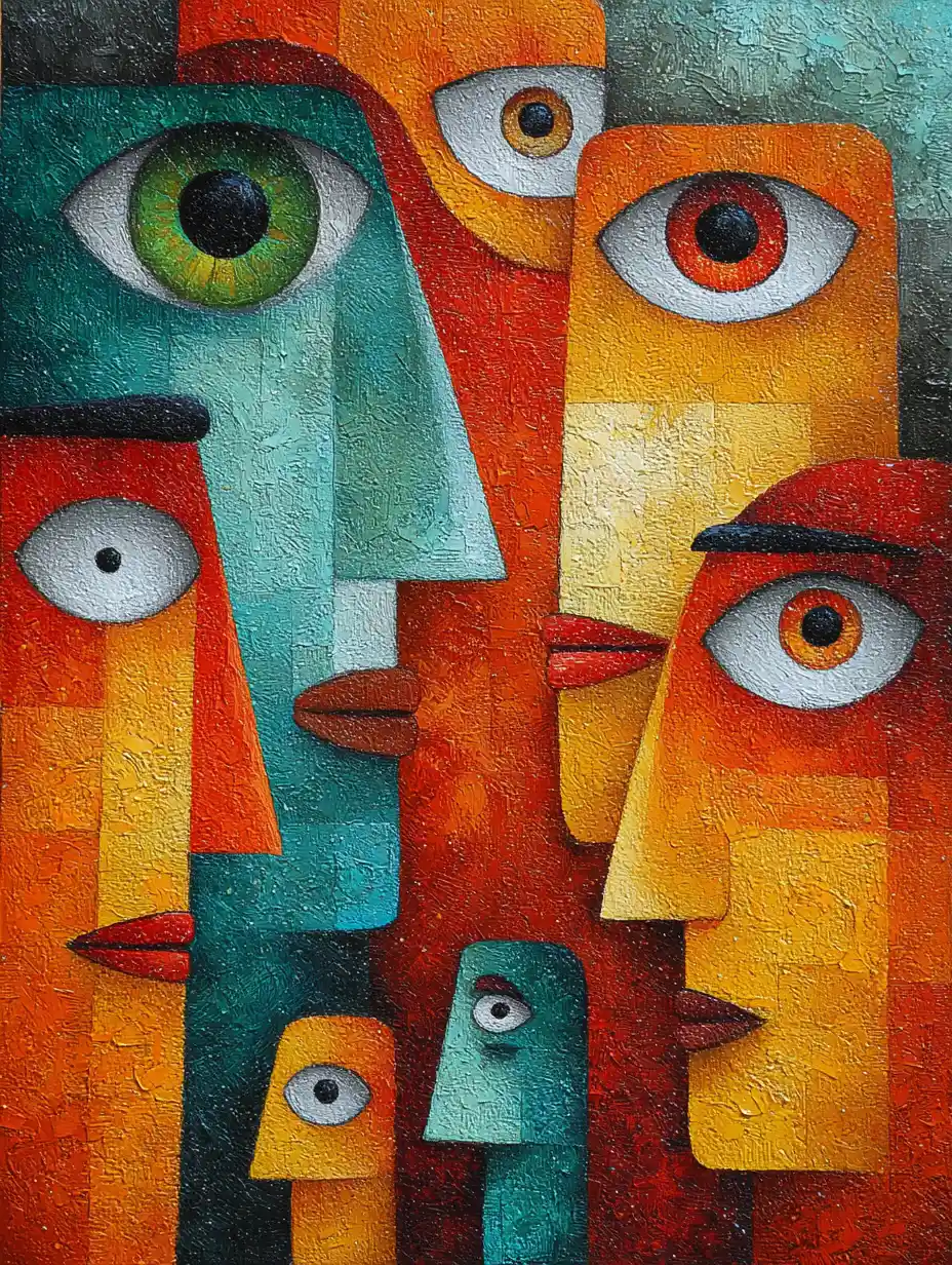 Retrato de grupo cubista com rostos fragmentados e pequenas figuras