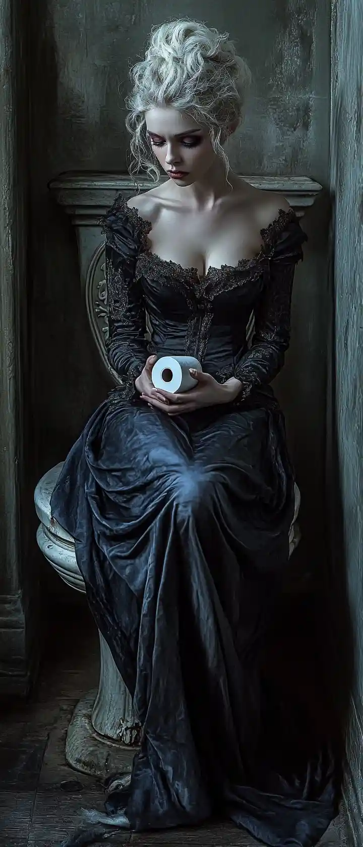 Vampire Woman Sitting On A Victorian Toilet In Castle Bathroom