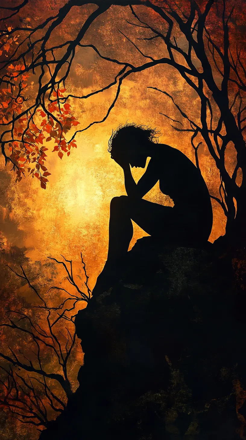 Silhouetted woman in anguish against blazing orange light