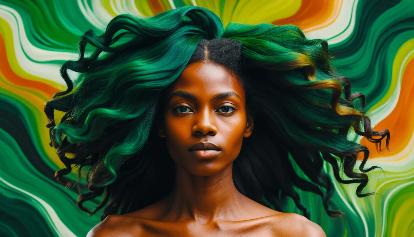 Ritratto surreale di una donna nera con capelli a paesaggio fluente