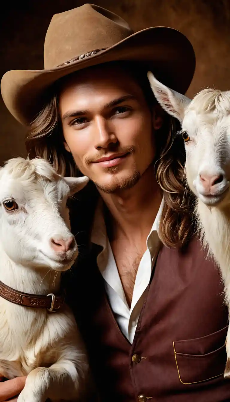 Retrato em close de um caubói com um cabrito à noite