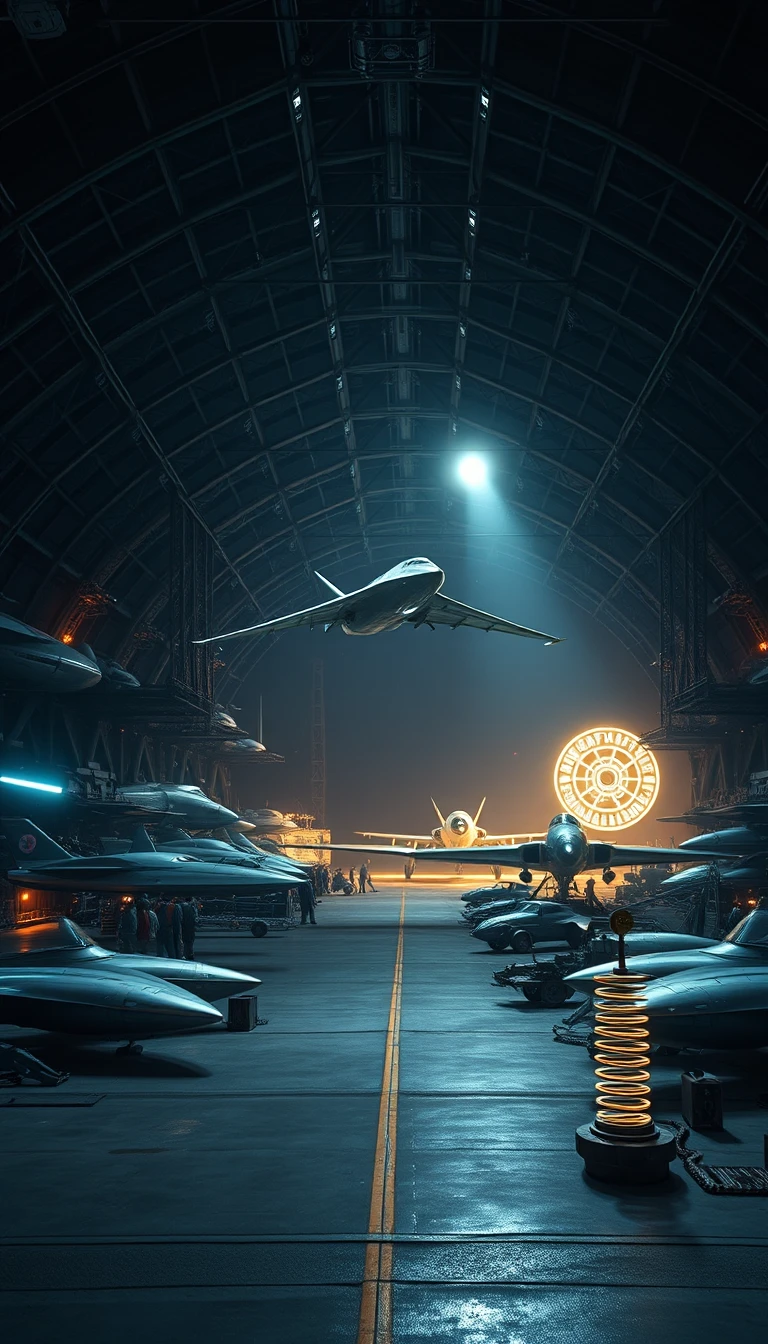 Vista cinematográfica em grande angular de aeronaves experimentais em um vasto hangar