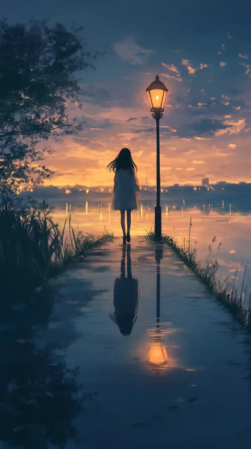 Lonely girl walking beside a calm lake at dusk