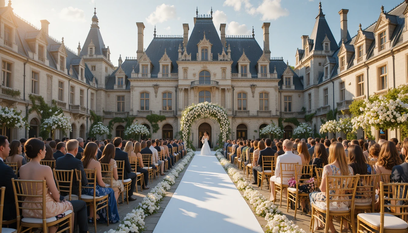 Casamento na hora dourada em um grandioso pátio de castelo no Vale do Loire