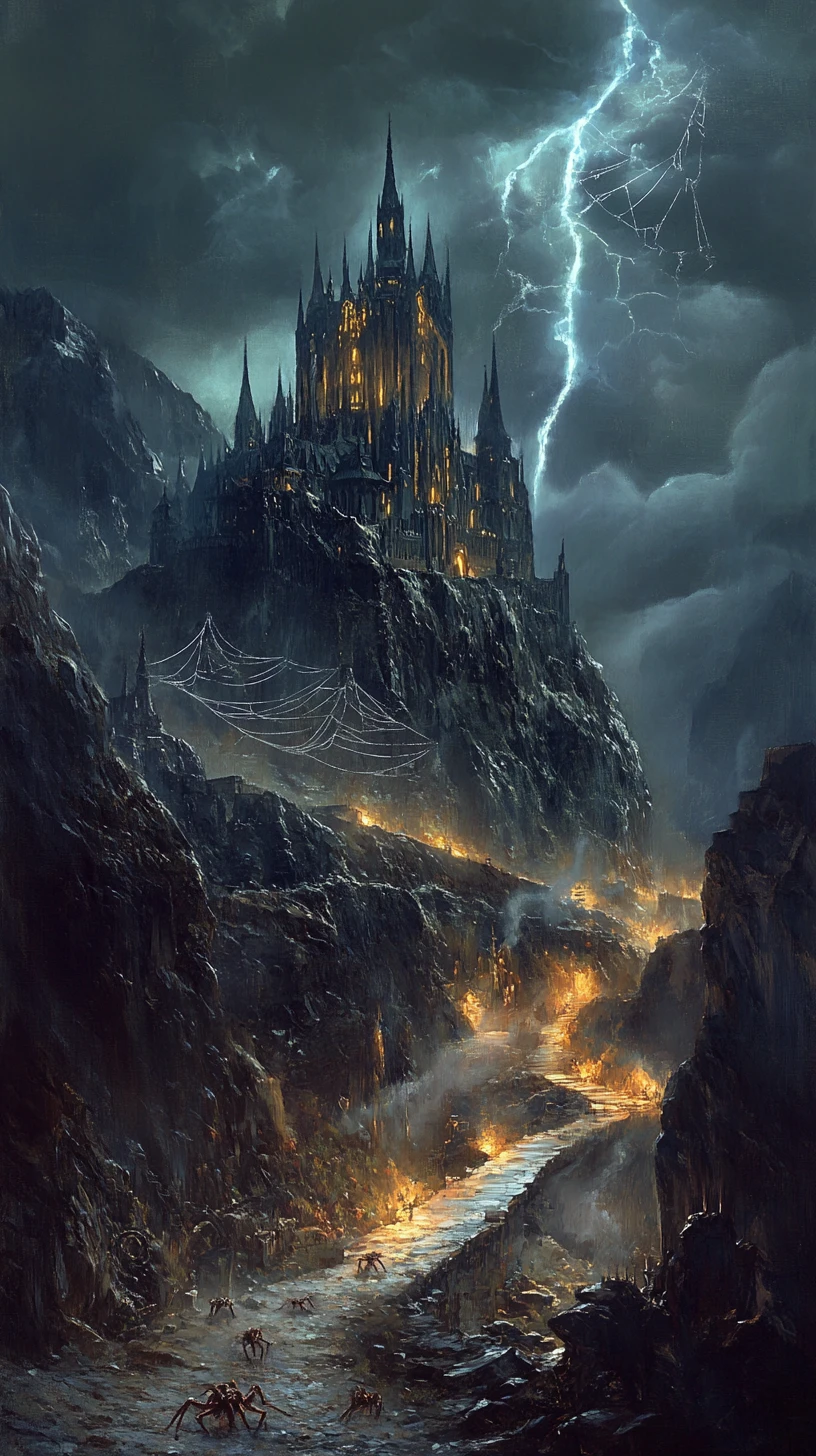 Gothic Castle Illuminated By Lightning In Dark Mountain Storm