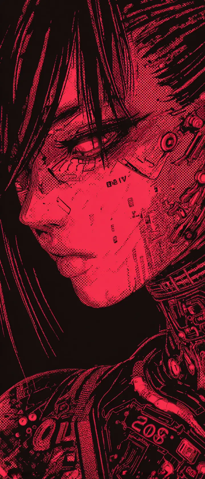 Anime-Cyberpunk-Hacker-Girl im markanten roten Stempelstil