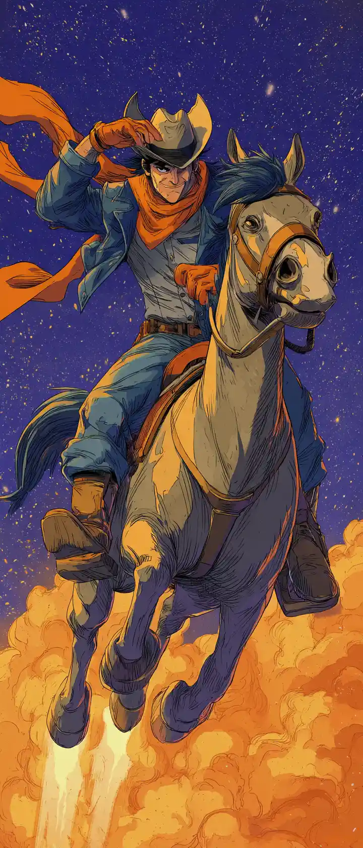 Cowboy anime che cavalca un destriero razzo nel cielo stellato