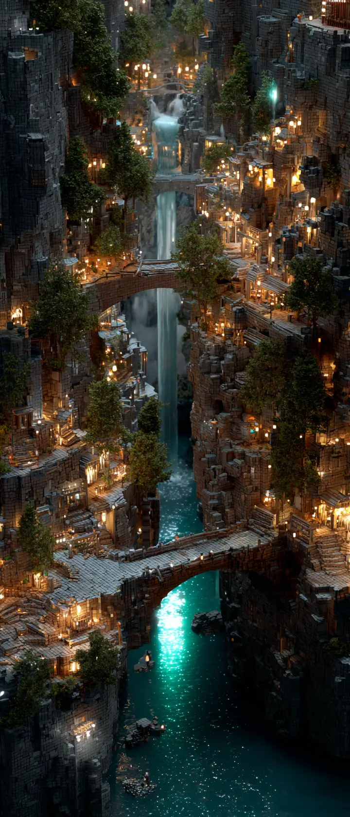 Ville fantastique photoréaliste construite au cœur d’un canyon rocheux