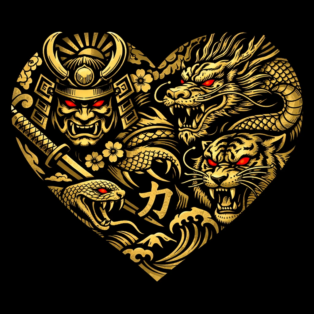 Coração dourado metálico com ousado design de tatuagem japonesa